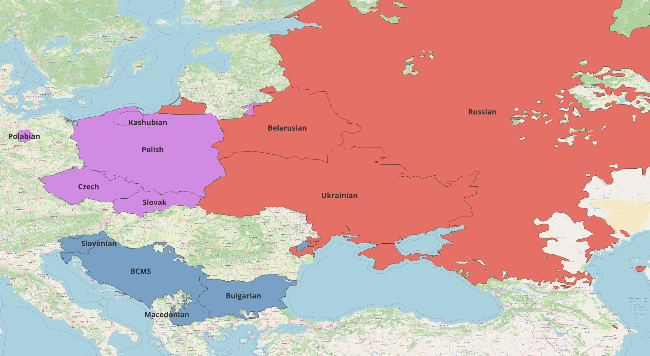 Figure 2: Modern distribution of the Slavic languages. Based on Asher & Moseley (2007)
